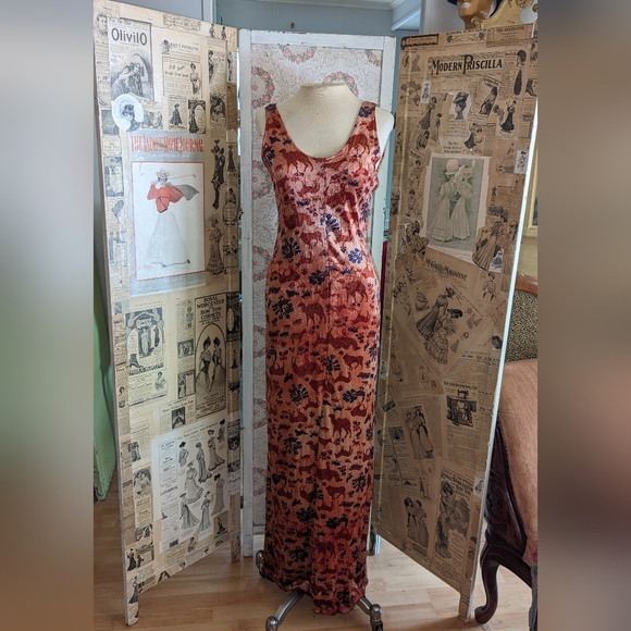 SOLD 1970s Maxi Dress Novelty Print Boho Velvet Animals OOAK Mercer Arts Center - Picture 3 of 12